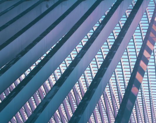 Modern architectural structure with diagonal steel beams and a grid-like skylight pattern against a blue sky-Neutrinos