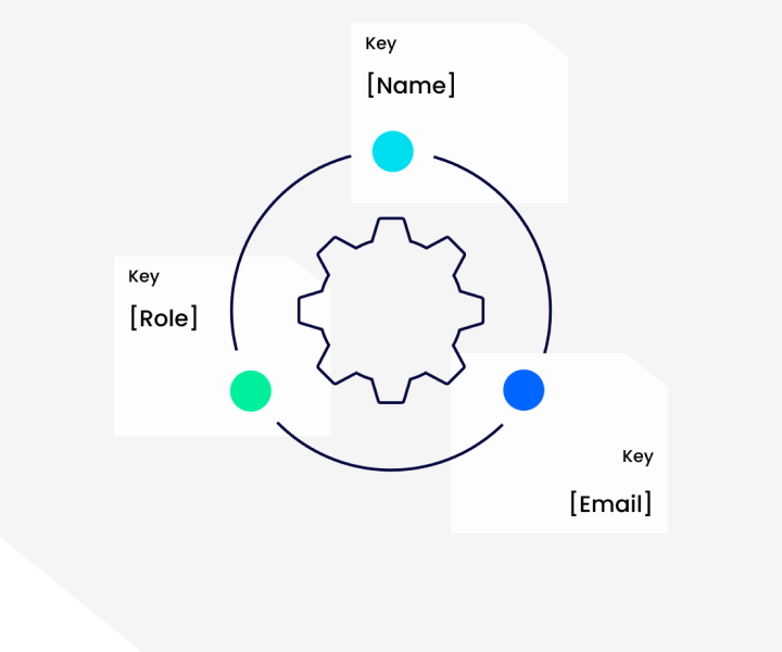 Data integration graphic showing user role, name, and email key connections to a central gear - Neutrinos