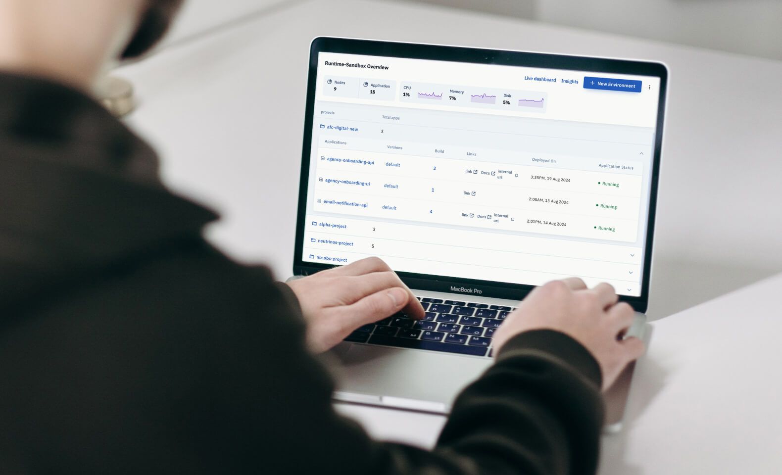 User working on MacBook displaying Neutrinos sandbox dashboard overview - Neutrinos