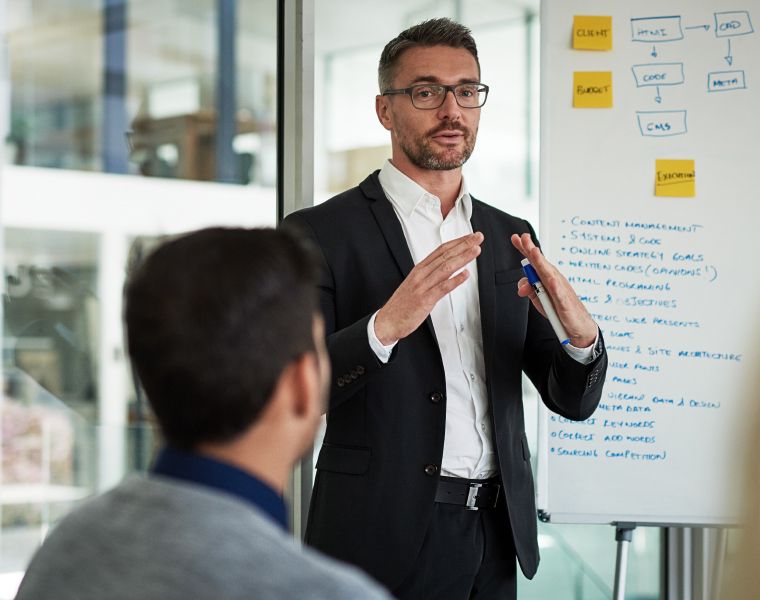 Business professional presenting a strategy plan on a whiteboard during a team meeting in a modern office- Neutrinos